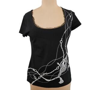White House Black Market T Shirt Top Black Embellished Bling Snail Large WHBM